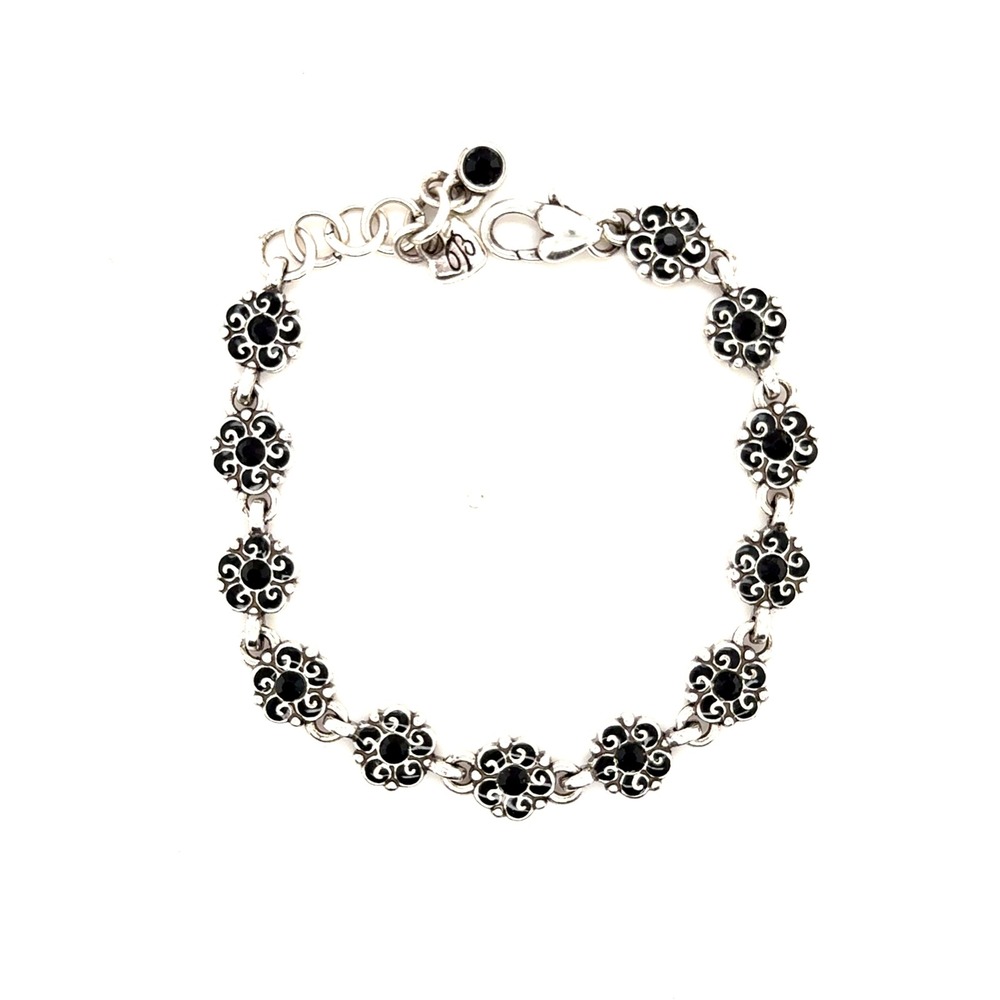Brighton Silver Tone Black Crystal Floral Scroll Link Bracelet 7-8 Inch